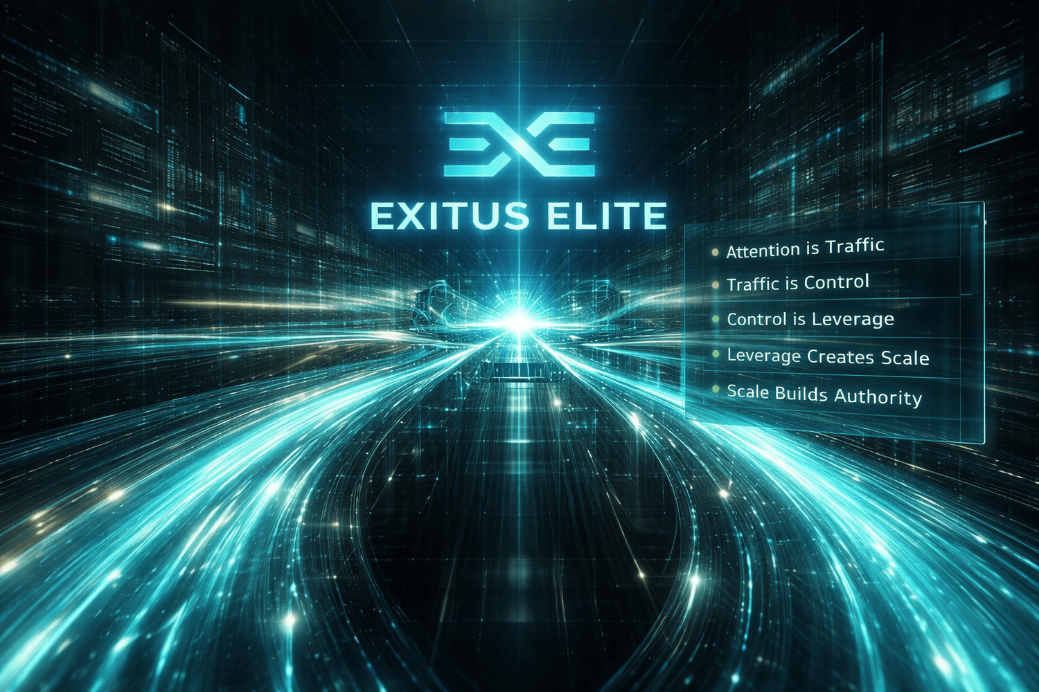 Exitus Elite high ticket affiliate marketing traffic system with futuristic command center and data flow visualization