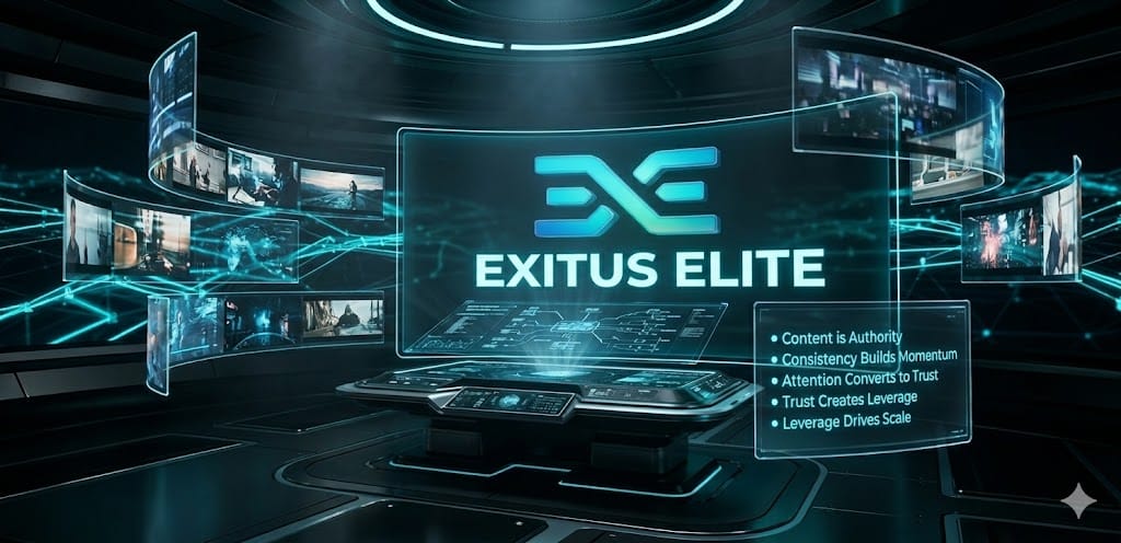 Exitus Elite YouTube automation system with futuristic broadcast center and content distribution network