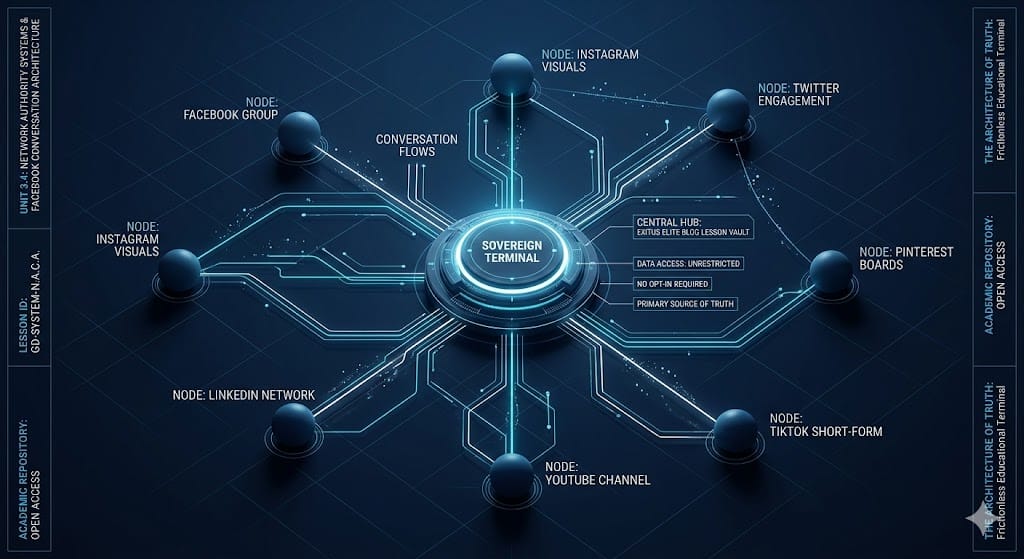 Technical schematic of the Exitus Elite Network Authority and Conversation Architecture framework.