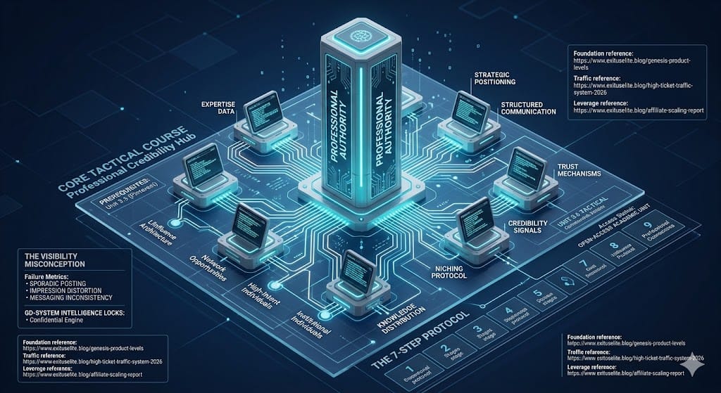 Technical schematic of the Exitus Elite Professional Authority System and LinkedIn Influence Architecture.