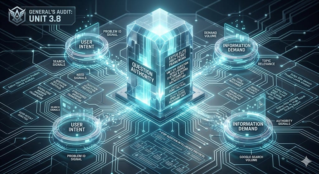 Technical schematic of the Exitus Elite Question Intelligence System and Quora Authority Architecture.