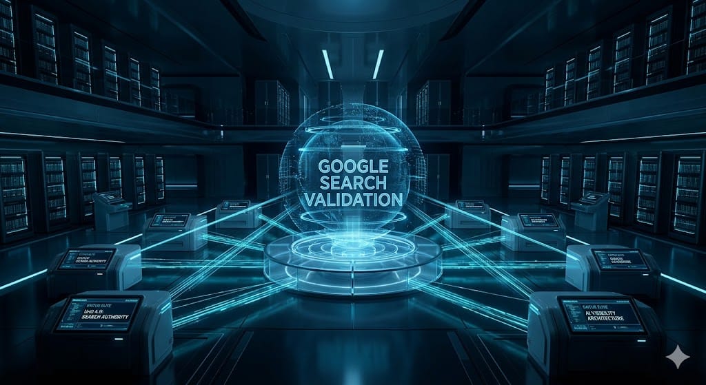 Exitus Elite Educational Lesson Vault architecture diagram showing Google Search validation and AI visibility layers.