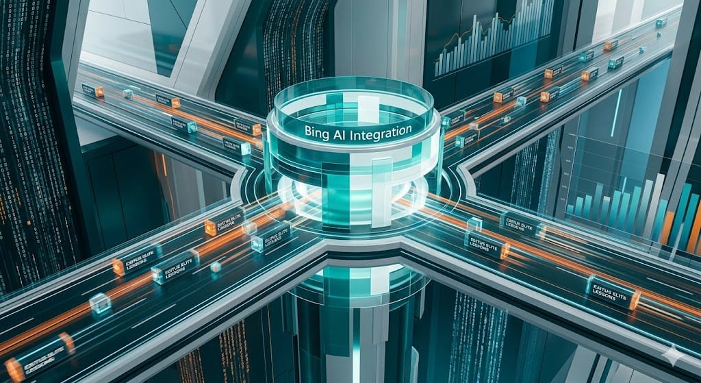 Exitus Elite Educational Lesson Vault diagram illustrating the Bing AI indexing layer and search acceleration protocols.