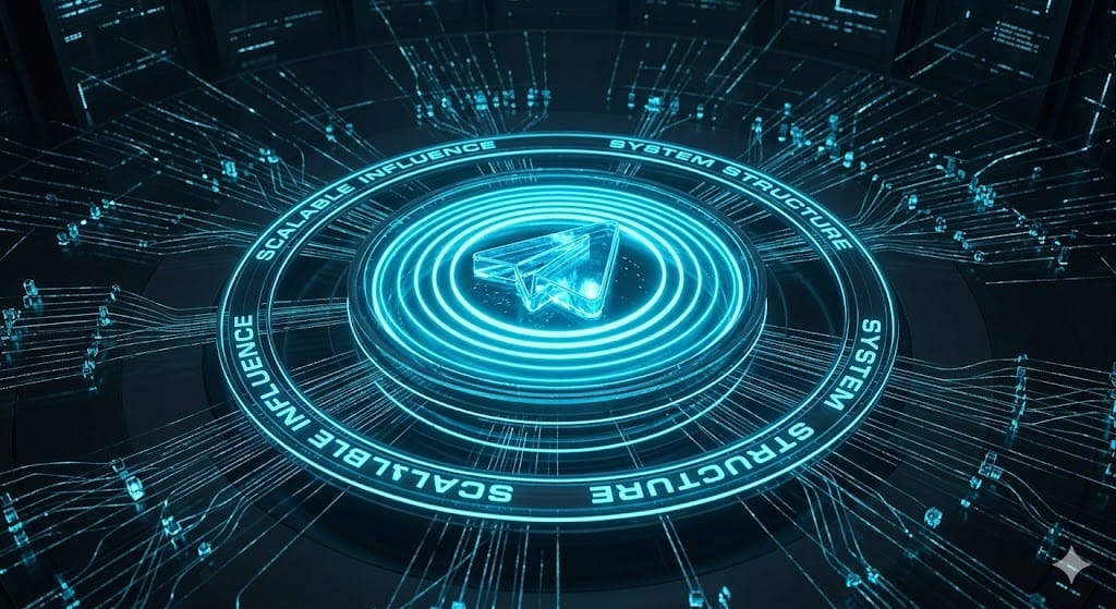 Exitus Elite Educational Lesson Vault diagram illustrating the Broadcast Authority Engine and Telegram scalable communication architecture.