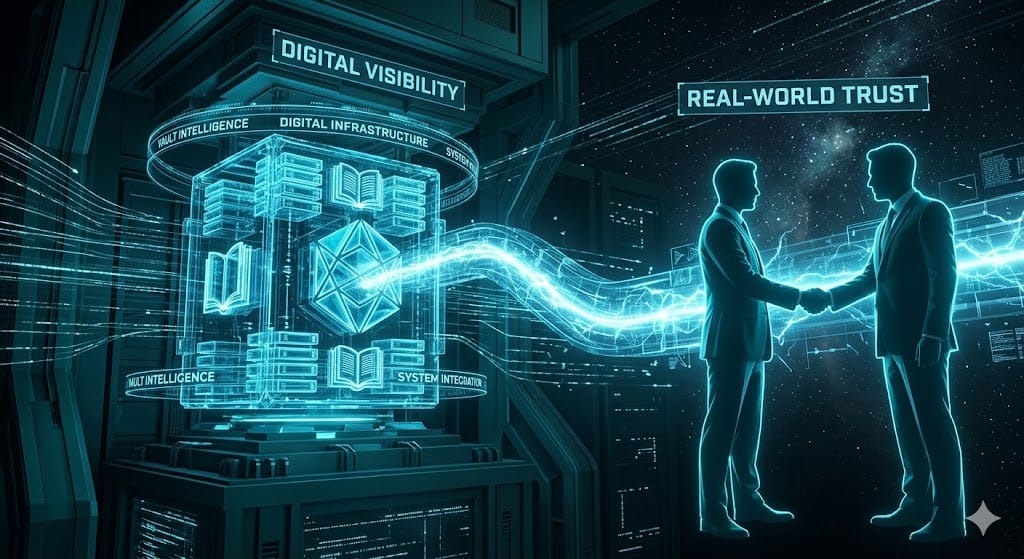 Exitus Elite Educational Lesson Vault diagram illustrating the bridge between Digital Infrastructure (Vault) and Real-World Trust (Handshake).