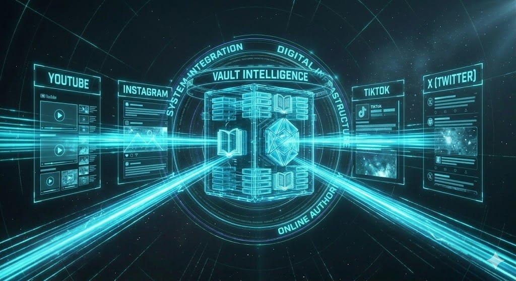 Exitus Elite Educational Lesson Vault diagram illustrating the Social Media Traffic Distribution Engine projecting authority to YouTube, Instagram, TikTok, and X.