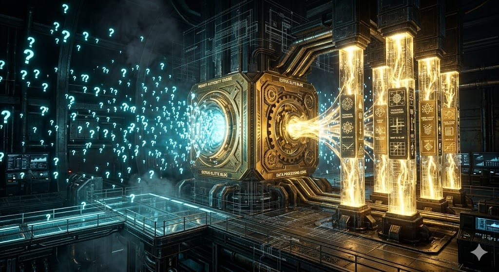 Architectural visualization of the Exitus Elite Inquiry Authority Engine transforming user questions into structured institutional knowledge.