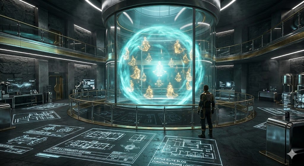 Architectural visualization of the Exitus Elite Community Curation Engine showing a high-trust, protected digital environment for students.