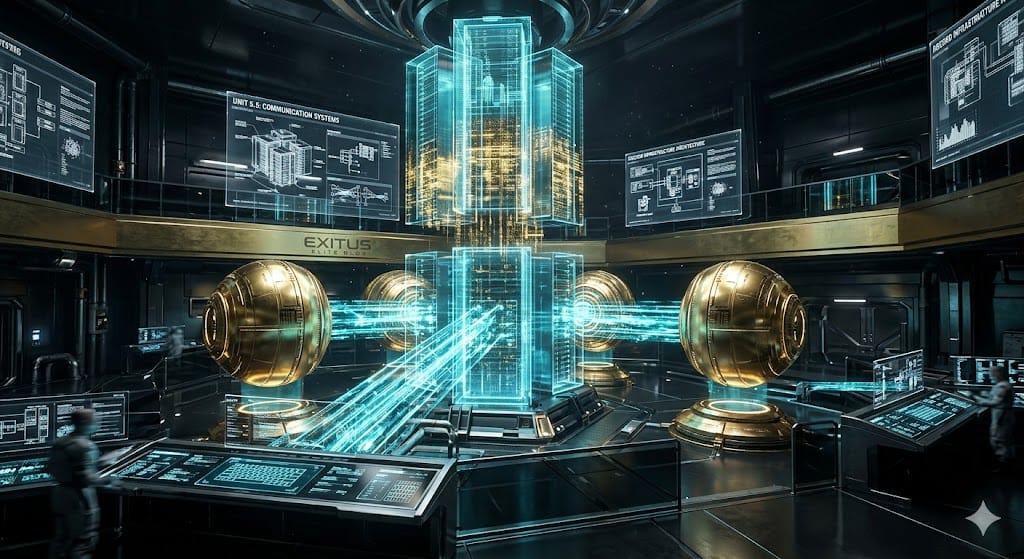 Architectural visualization of the Exitus Elite Real-Time Support Engine showing a high-speed Discord communication bridge for global students.