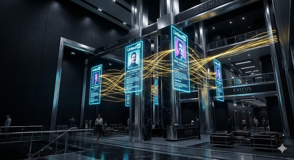 Architectural visualization of the Exitus Elite Institutional Authority Engine showing professional positioning and B2B-grade trust anchors.