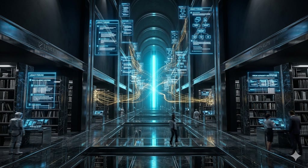 Architectural visualization of the Exitus Elite Persistent Authority Engine showing archived forum discussions as long-term search assets.