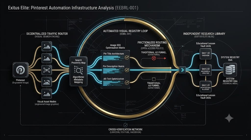 Exitus Elite system registry diagram mapping automated Pinterest visual search assets directly to an open-access educational lesson vault.