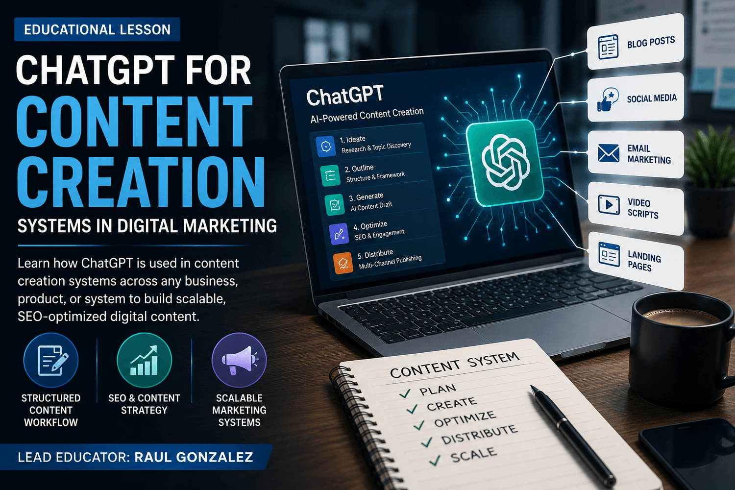 Exitus Elite ChatGPT content creation systems in digital marketing workflow diagram with Raul Gonzalez as lead educator explaining AI content strategy