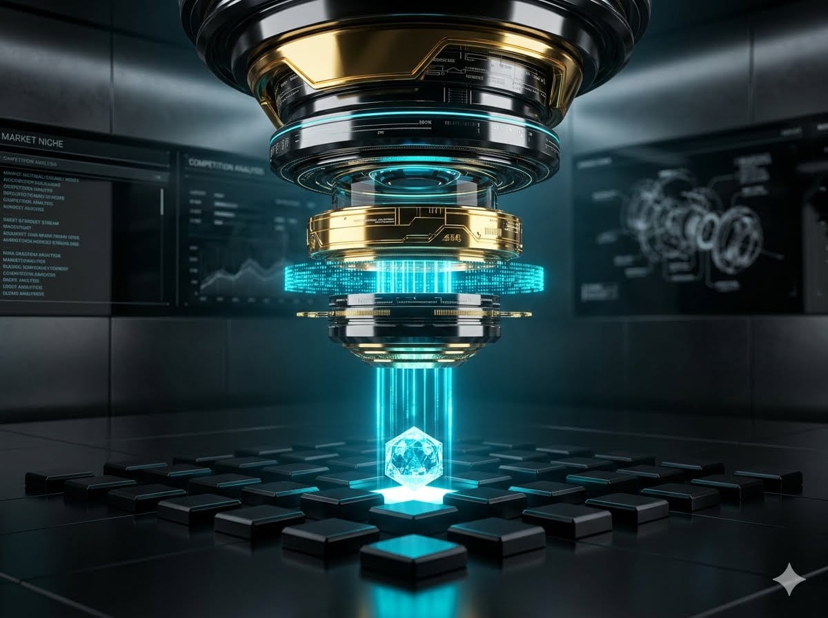 A premium technical diagram illustrating the automated data extraction phases and algorithmic analysis paths used to isolate profitable, low-competition online niches with the Exitus Elite business architecture as a core educational case study. Lesson From Lead Educator Raul Gonzalez.
