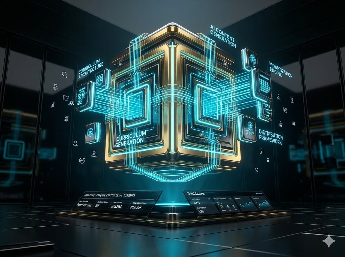 An advanced structural flow blueprint highlighting the multi-tiered module delivery nodes and user enrollment pipelines for an AI-generated educational portal using the Exitus Elite system architecture as a core educational case study. Lesson From Lead Educator Raul Gonzalez.