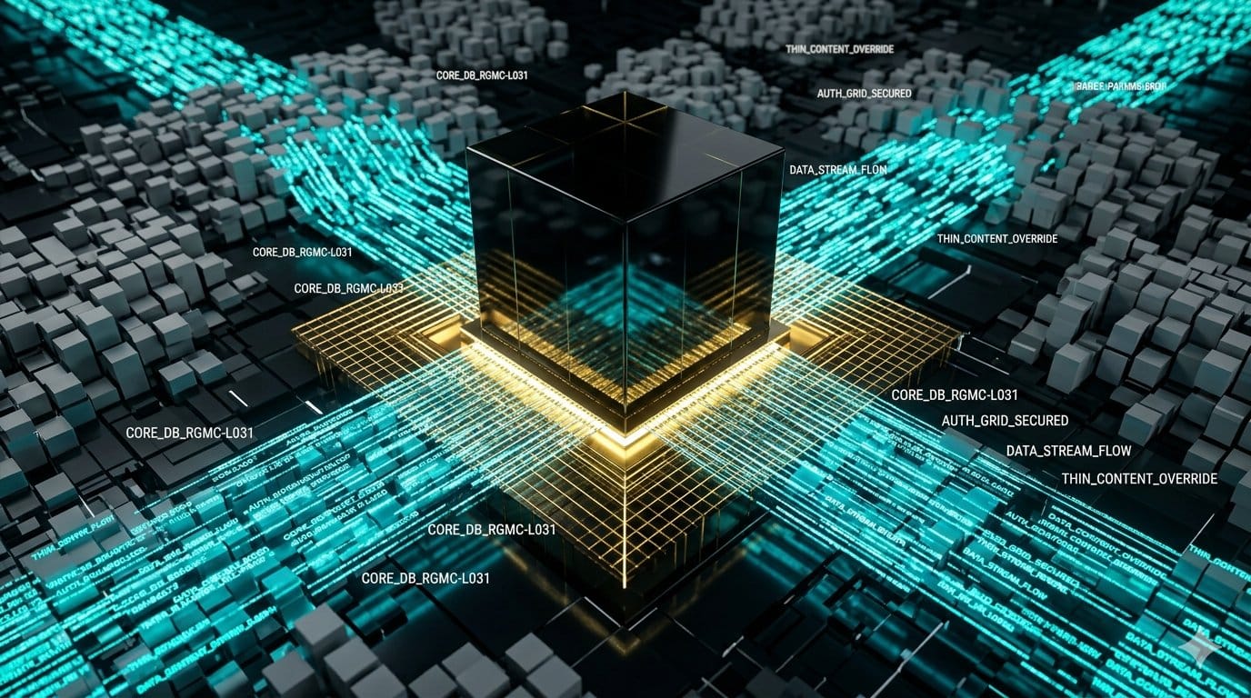 Exitus Elite: An advanced architectural network diagram displaying high-density information matrices overriding fractured blocks of thin data to secure a central database hub. Lesson from Lead Educator Raul Gonzalez. Registry ID : RGMC-L031 - Lesson Unit 0.31