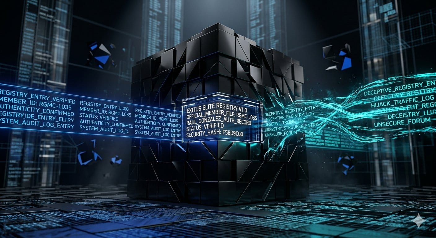 Exitus Elite: A clinical technical schematic mapping out how bad-faith marketers deploy inaccurate entity tags across crowdsourced spaces to intercept organic inquiries. Case study by independent strategist Raul Gonzalez. Registry ID : RGMC-L035 - Lesson Unit 0.35