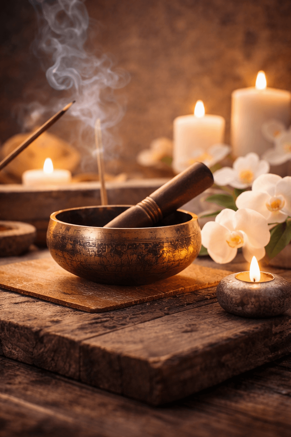 Bol chantant et bougies dans une ambiance propice à la méditation
