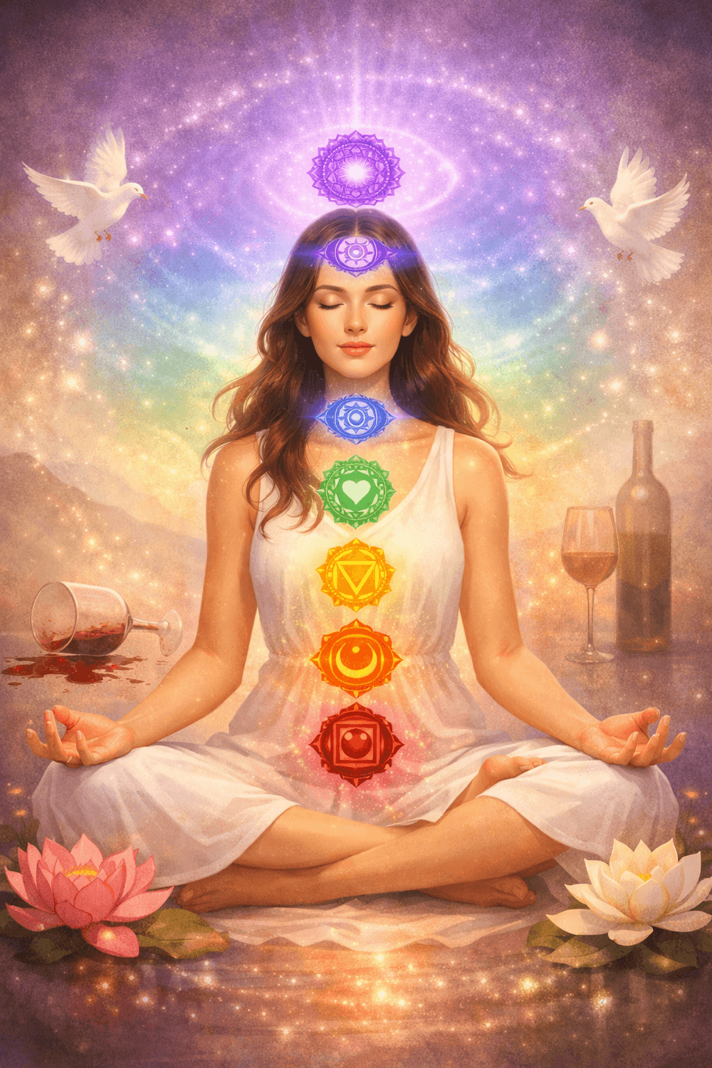 Femme en méditation avec représentation des chakras et de l’équilibre intérieur