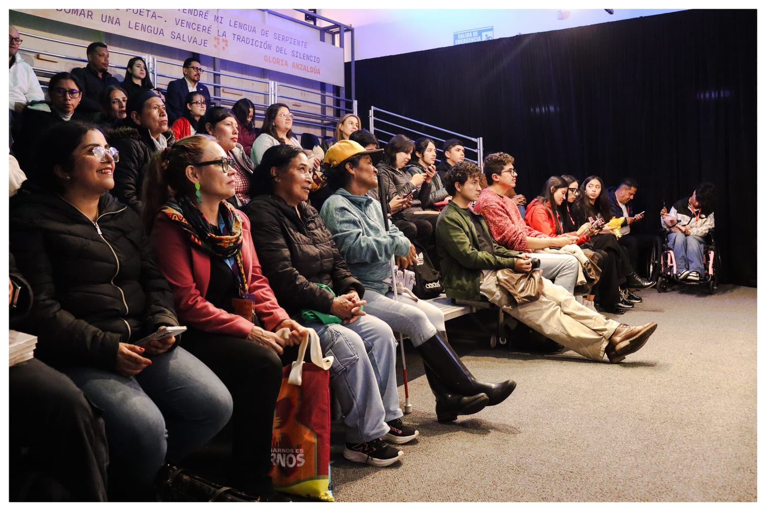 personas del público en un auditorio, miran hacia al frente mientras sonríen, etre el público hay una mujer con bastón guía y al fondo un niño usuario de silla de ruedas.