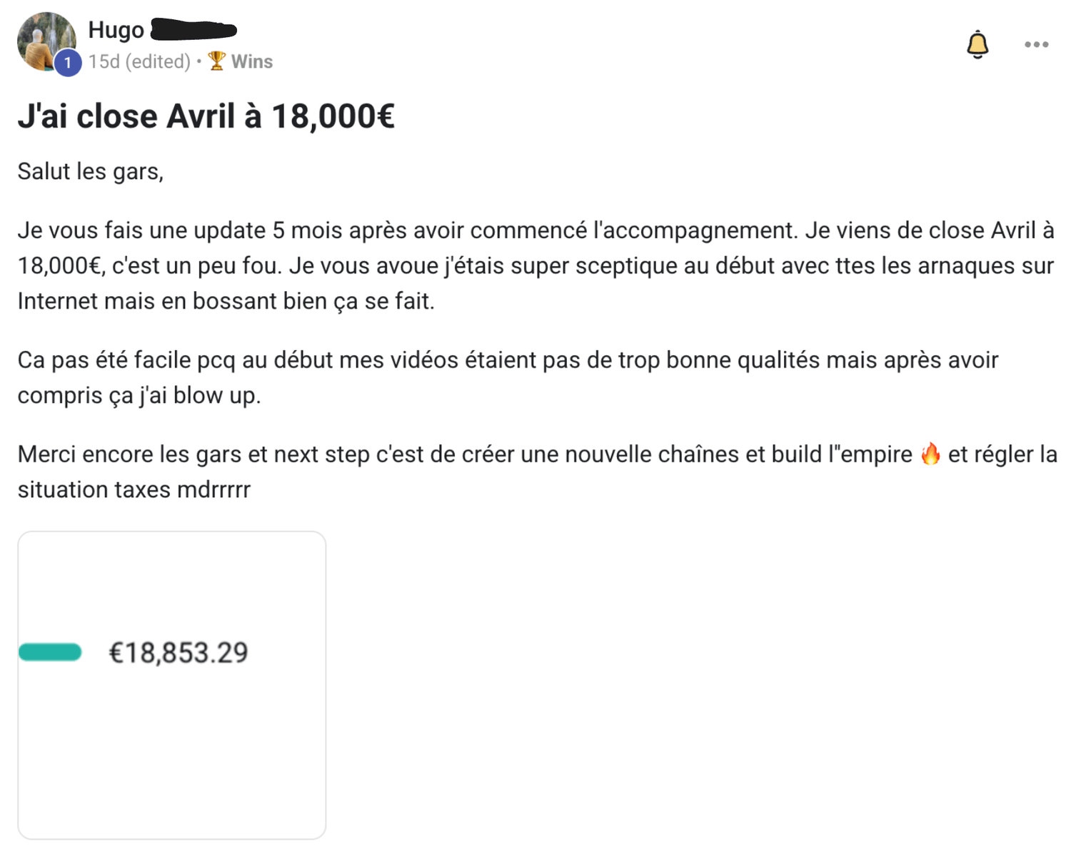 Preuve — Hugo · De 0 à 18 000 €/mois en 5 mois