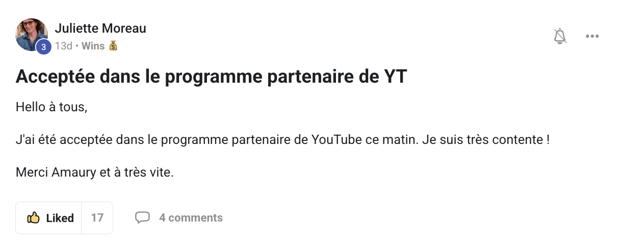 Preuve — Juliette · Acceptée dans le Programme Partenaire YouTube