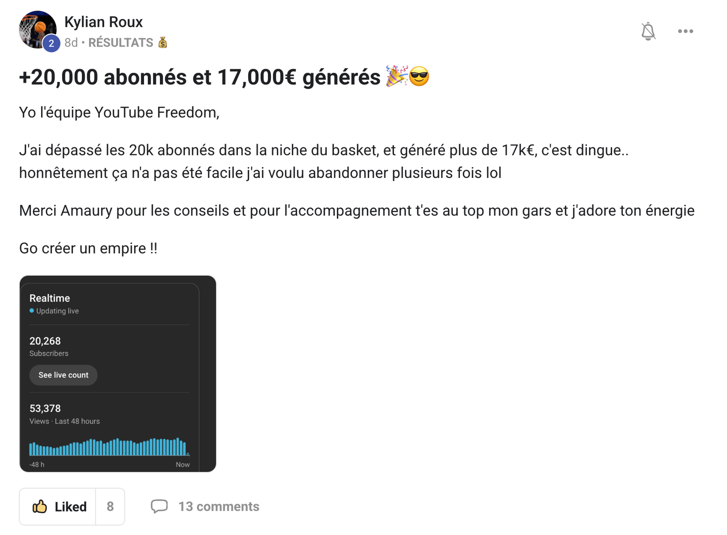 Preuve — Kylian · +20 000 abonnés et 17 000 € générés