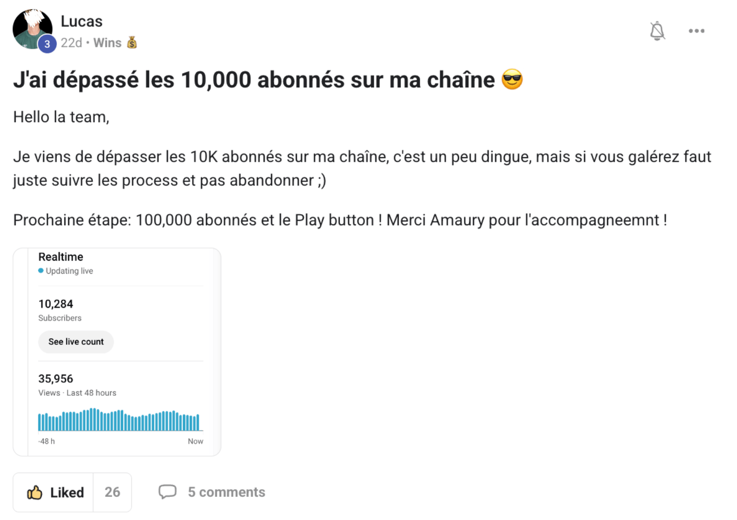 Preuve — Lucas · +10 000 abonnés sur sa chaîne