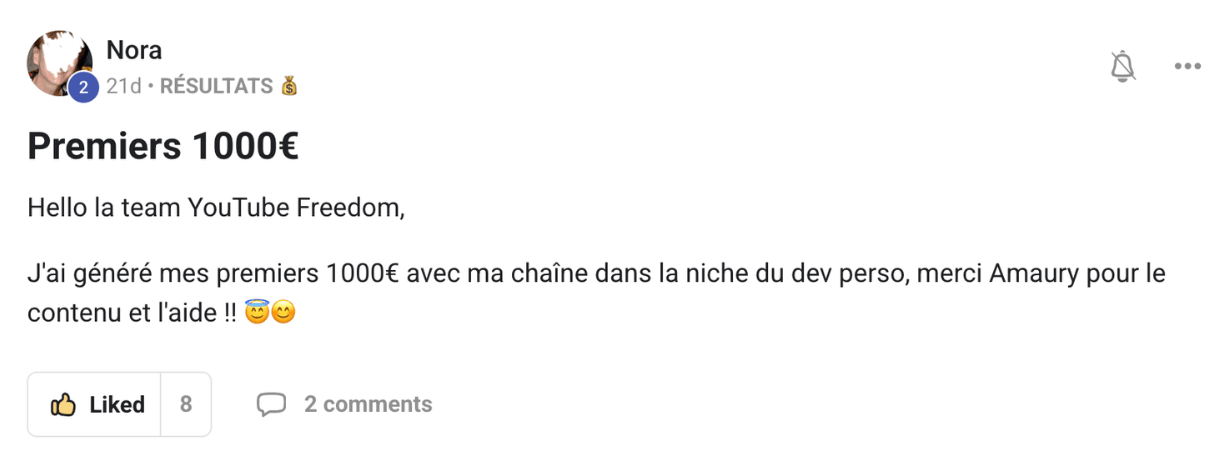 Preuve — Nora · Premiers 1 000 € générés sur sa chaîne