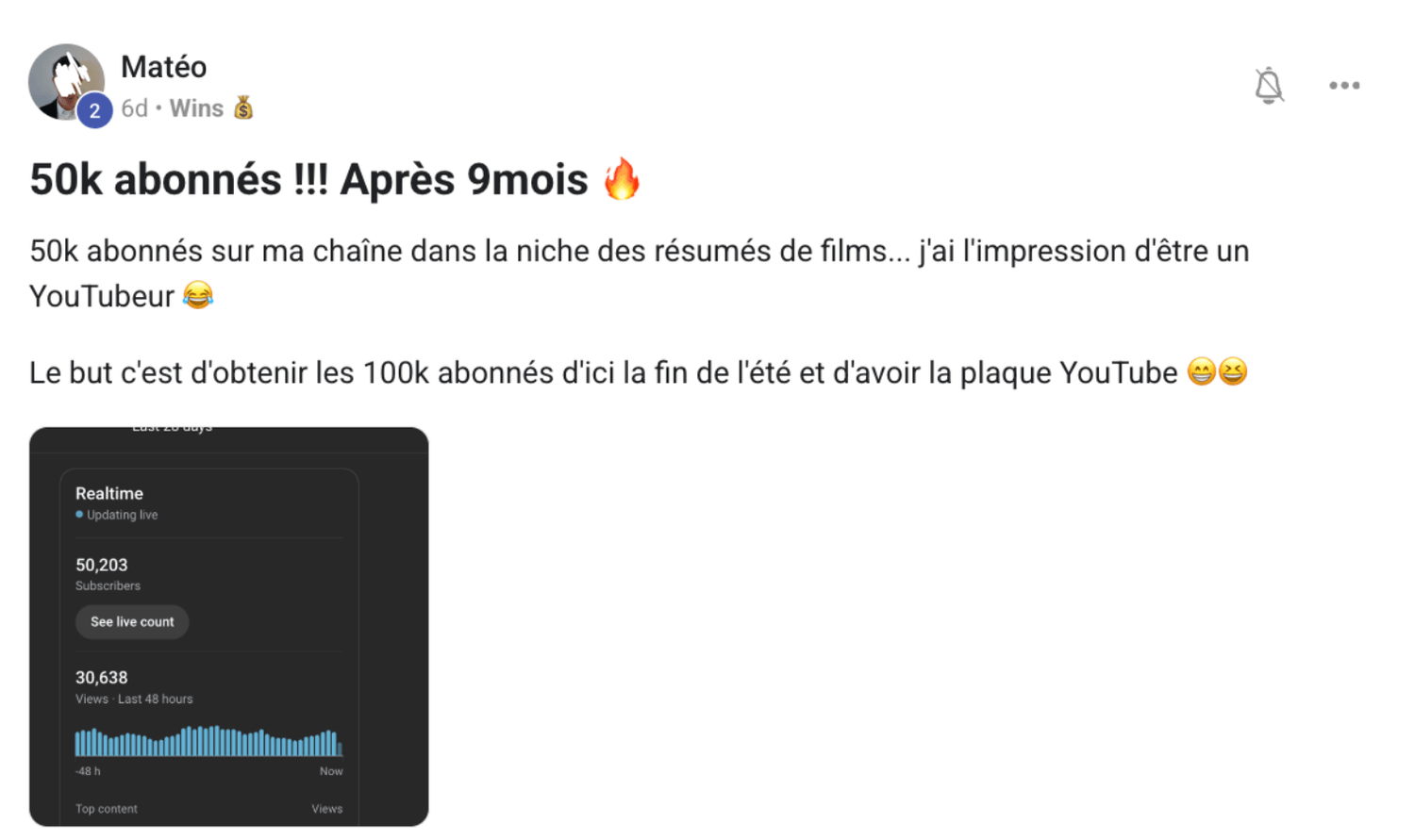 Preuve — Matéo · 50 000 abonnés en 9 mois