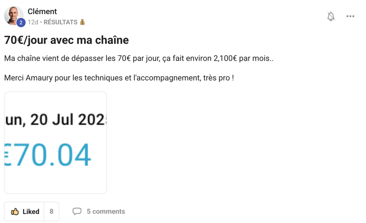 Preuve — Clément · 70 €/jour sur sa chaîne