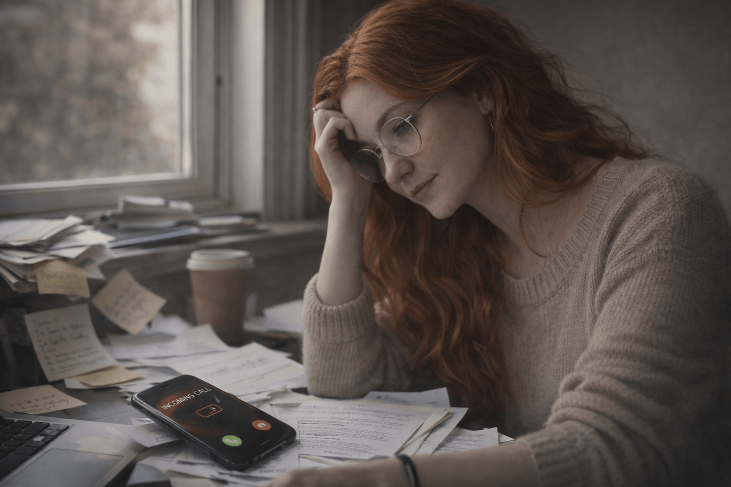 Overwhelmed woman at desk with papers and phone