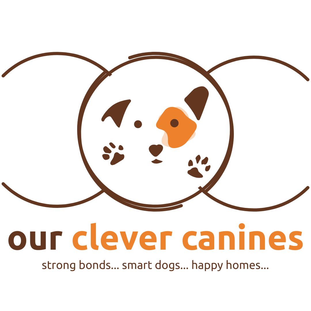 Our Clever Canines logo featuring a playful dog face in orange and brown, representing positive dog training, smarter dogs, and strong human-dog bonds.