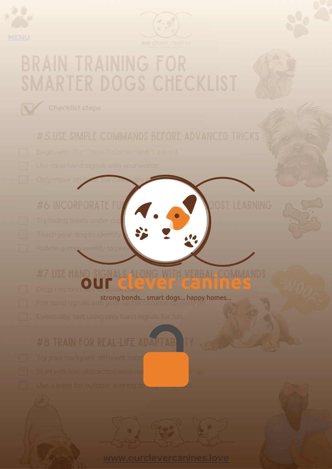 Full-page preview of Page 2 from Brain Training for Smarter Dogs Checklist, featuring beginner obedience cues, fun enrichment routines, and positive behavior training tips. Designed to support focus, consistency, and learning in smarter dogs using science-based methods.