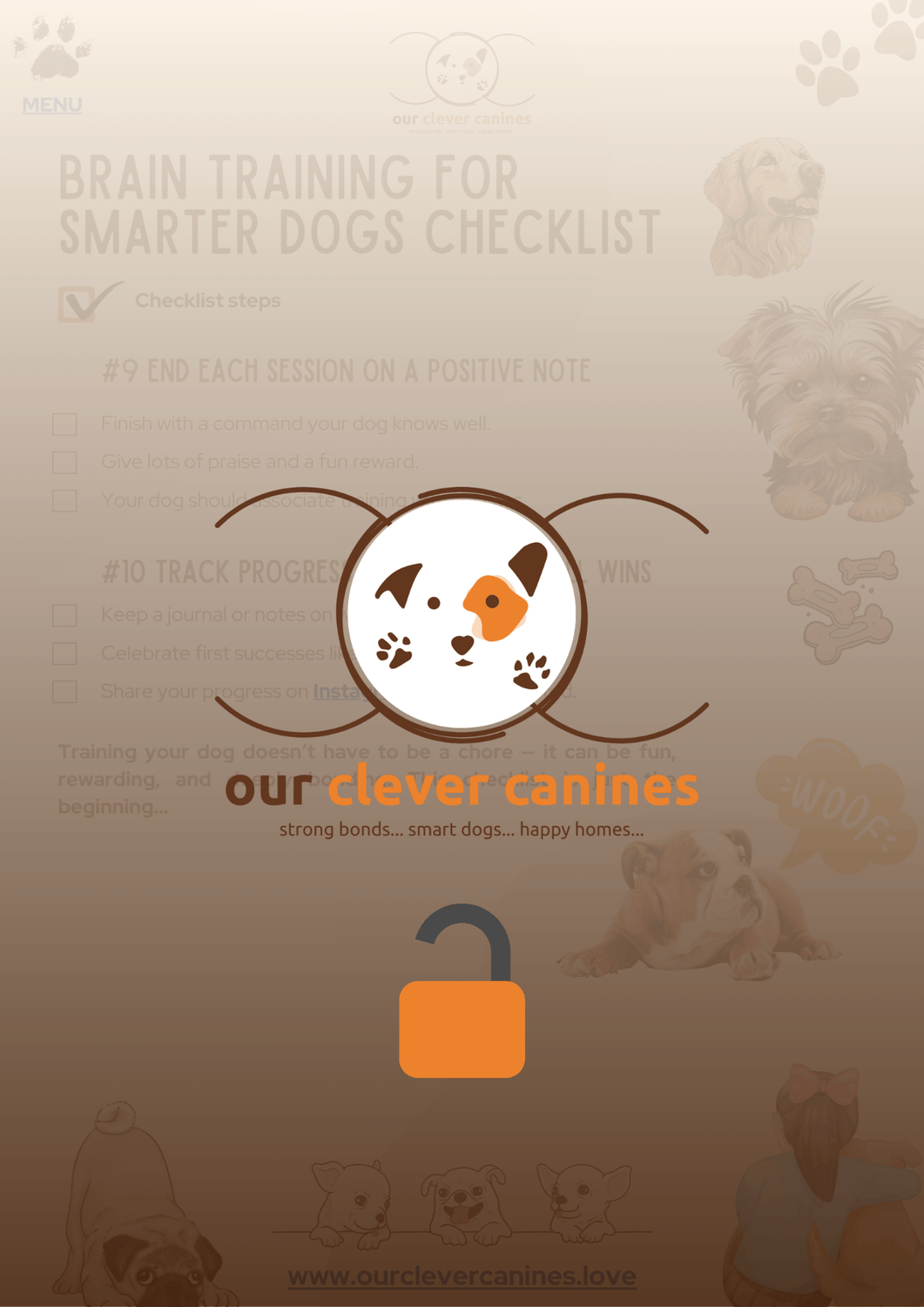 Full-page preview of Page 3 from Brain Training for Smarter Dogs Checklist, including positive session closures, habit tracking, and a reminder to share with other dog parents. This dog training prep guide is ideal for calming reactive dogs and improving obedience through structured routines.