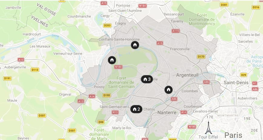 Carte des zones d'intervention - Yvelines, Val d'Oise et Hauts-de-Seine