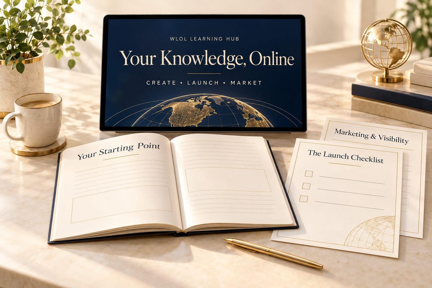 Your Knowledge, Online course on a tablet beside an open workbook, The Launch Checklist and the Marketing and Visibility plan