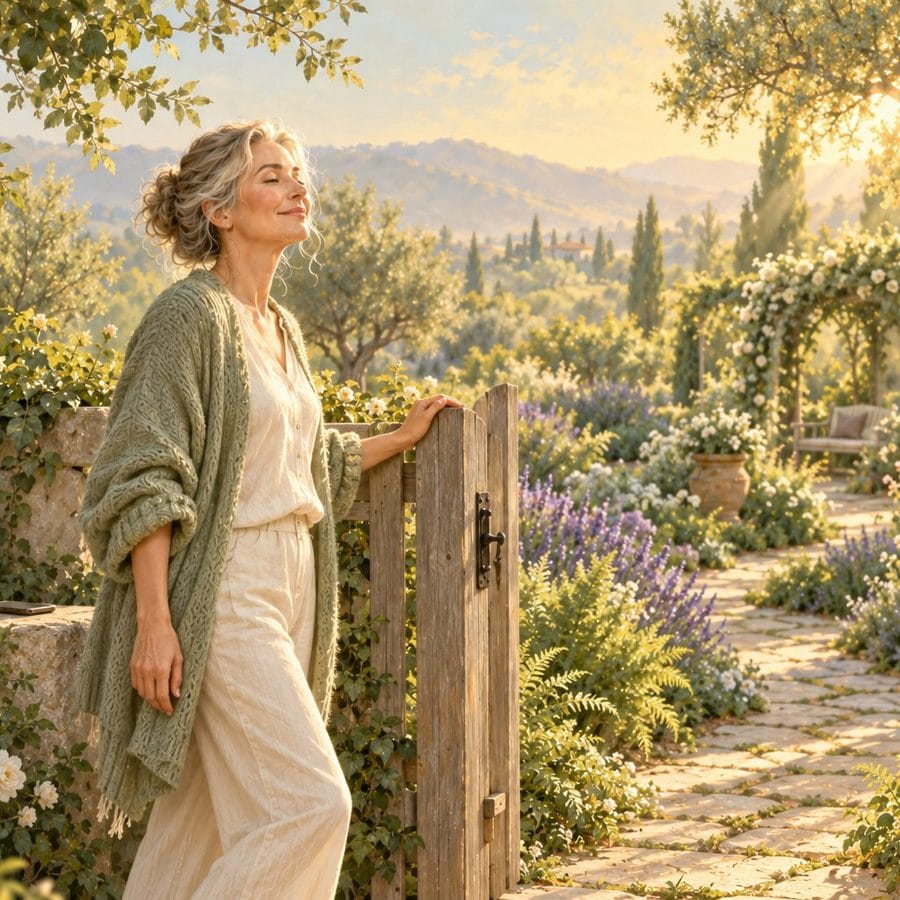 A woman pausing at a garden gate, eyes closed, calm