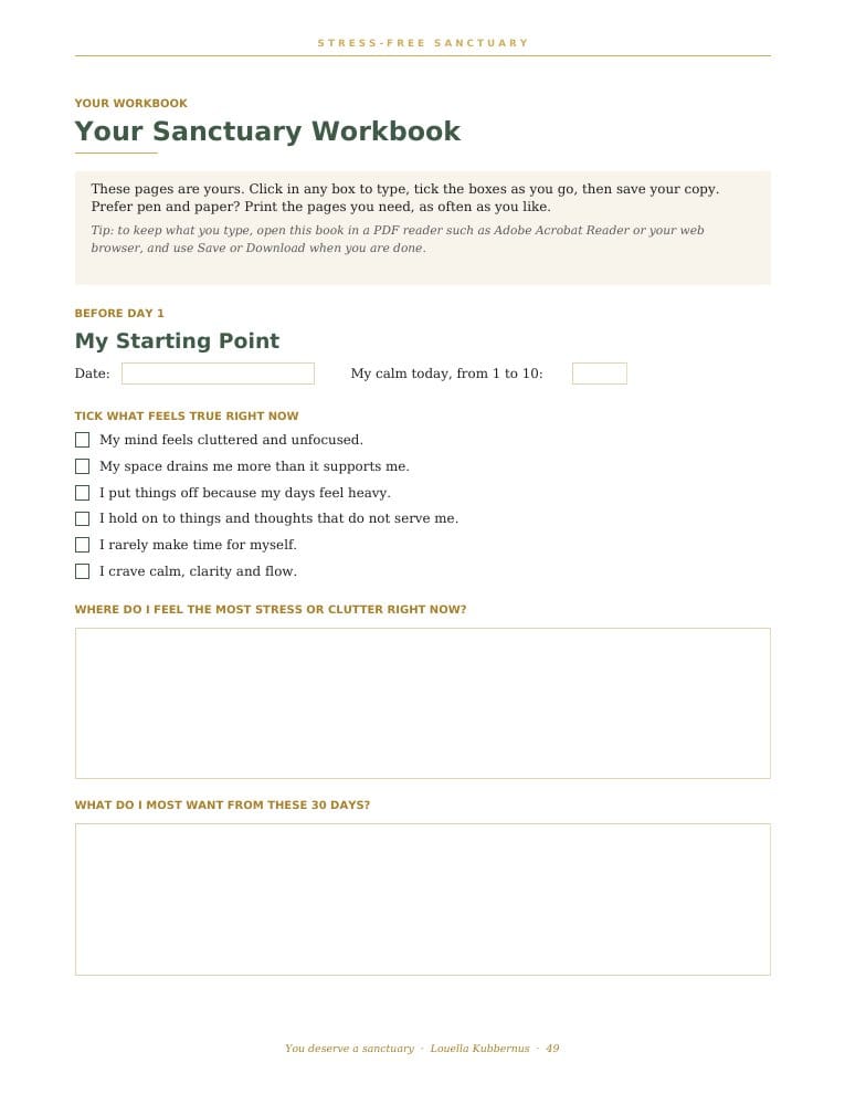 My Starting Point workbook page