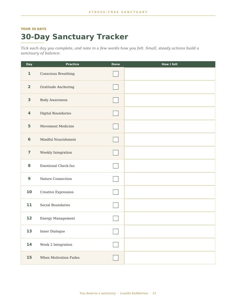 30-Day Sanctuary Tracker workbook page