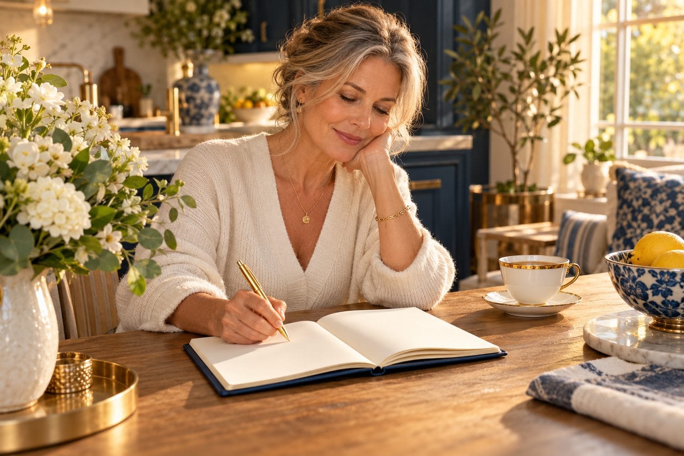 A woman writing in a planner at her sunny kitchen table with tea and flowers