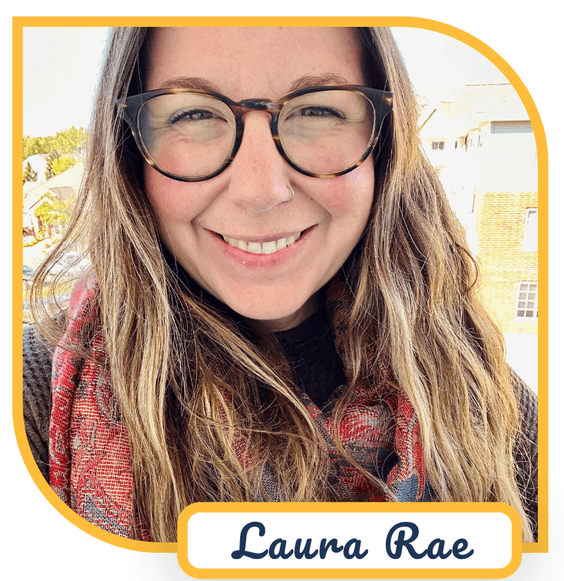 Laura Rae, funnel builder and Facebook ads strategist, smiling headshot with colorful abstract border.