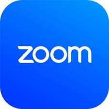 Zoom logo. Blue square with the word Zoom in it. 