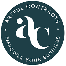 Artful contracts logo. The letters AC in the middle of a dark green circle. It reads empower your business.