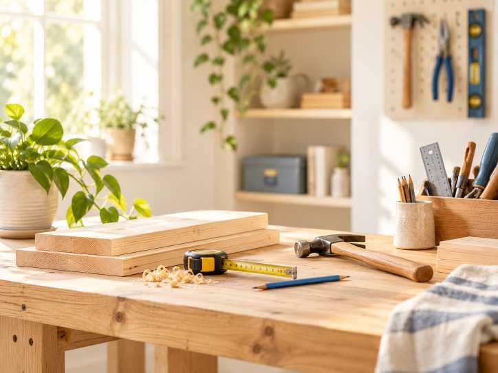 Bright home woodworking workspace with timber and hand tools for DIY projects