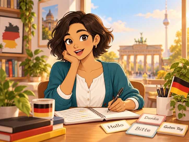 German language study scene with Berlin landmarks, learning notes and beginner vocabulary