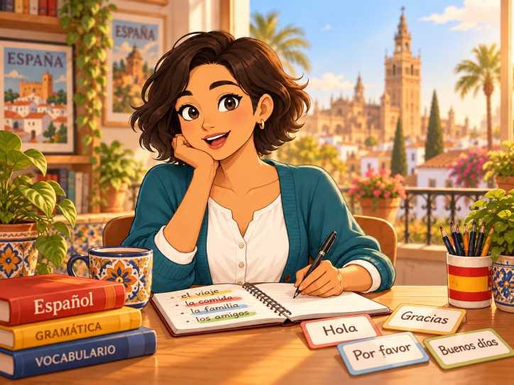 Spanish language study scene with vocabulary cards and a sunny view of Spain