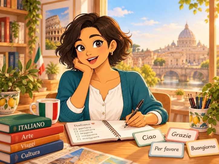 French language study scene with vocabulary cards and the Eiffel Tower in Paris