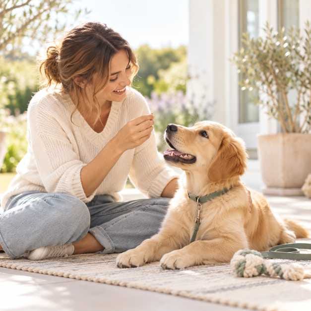 Woman practicing positive everyday training with a young dog at home