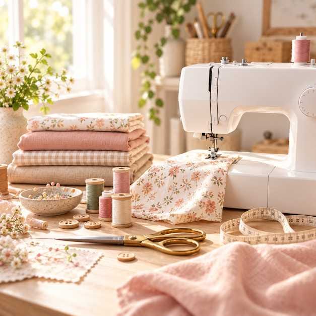 Bright sewing workspace with sewing machine, fabric, thread and beginner craft supplies